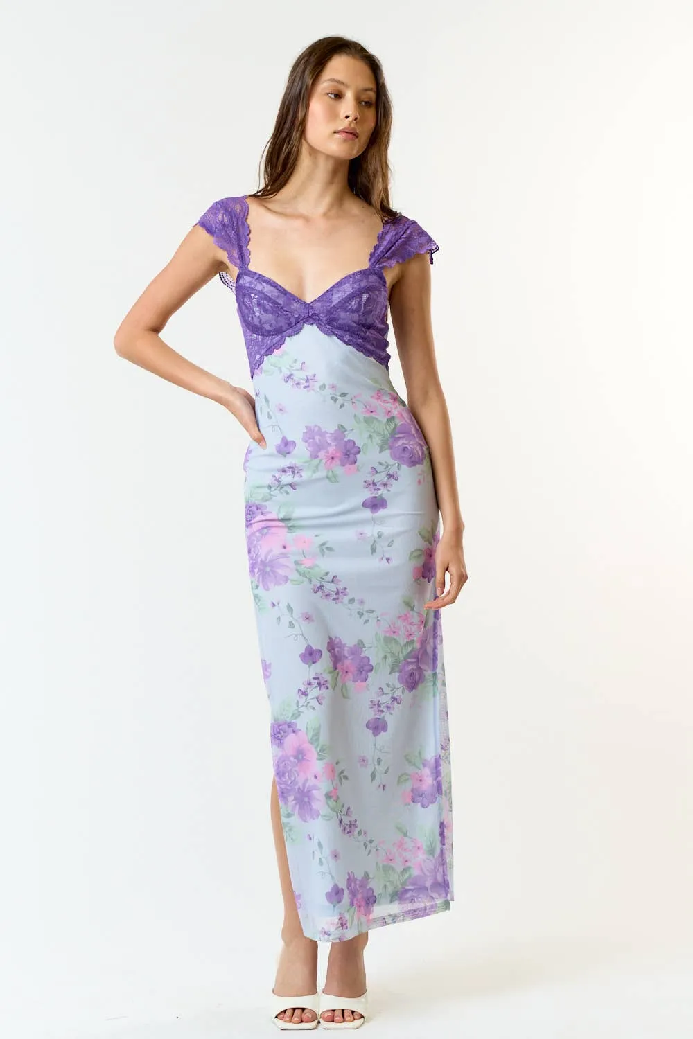 Mesh Floral  Print Lace Detail Side Slit Maxi Dress