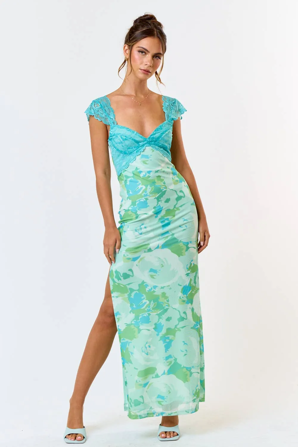 Mesh Floral  Print Lace Detail Side Slit Maxi Dress