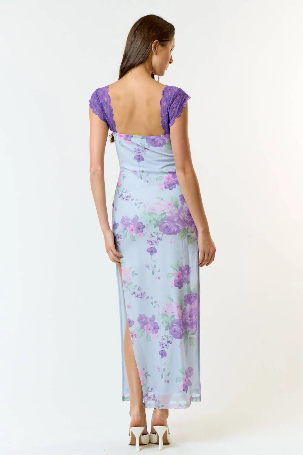 Mesh Floral  Print Lace Detail Side Slit Maxi Dress