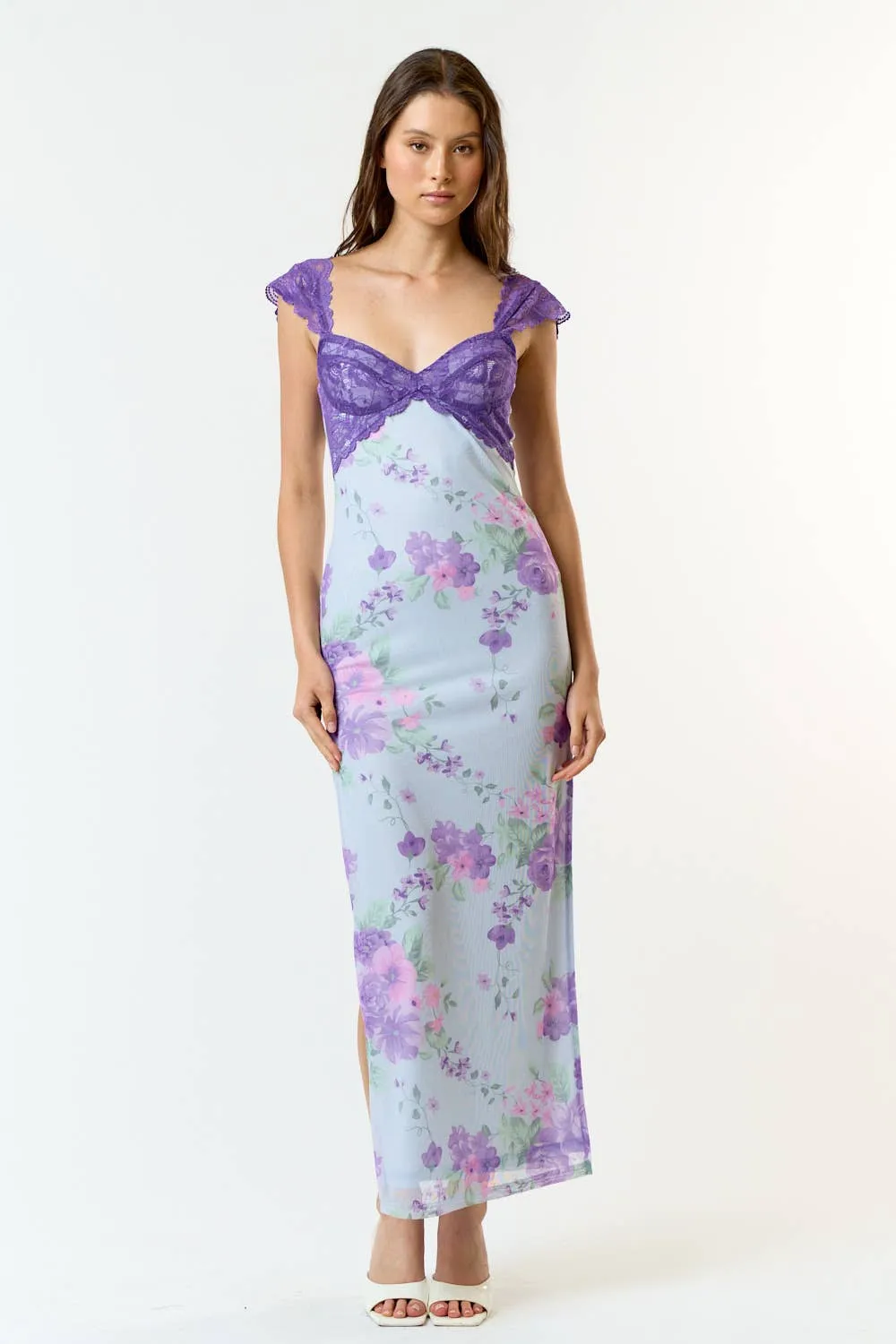 Mesh Floral  Print Lace Detail Side Slit Maxi Dress