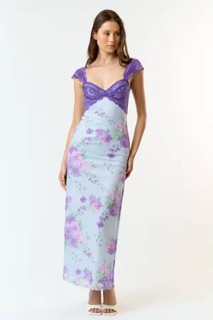 Mesh Floral  Print Lace Detail Side Slit Maxi Dress