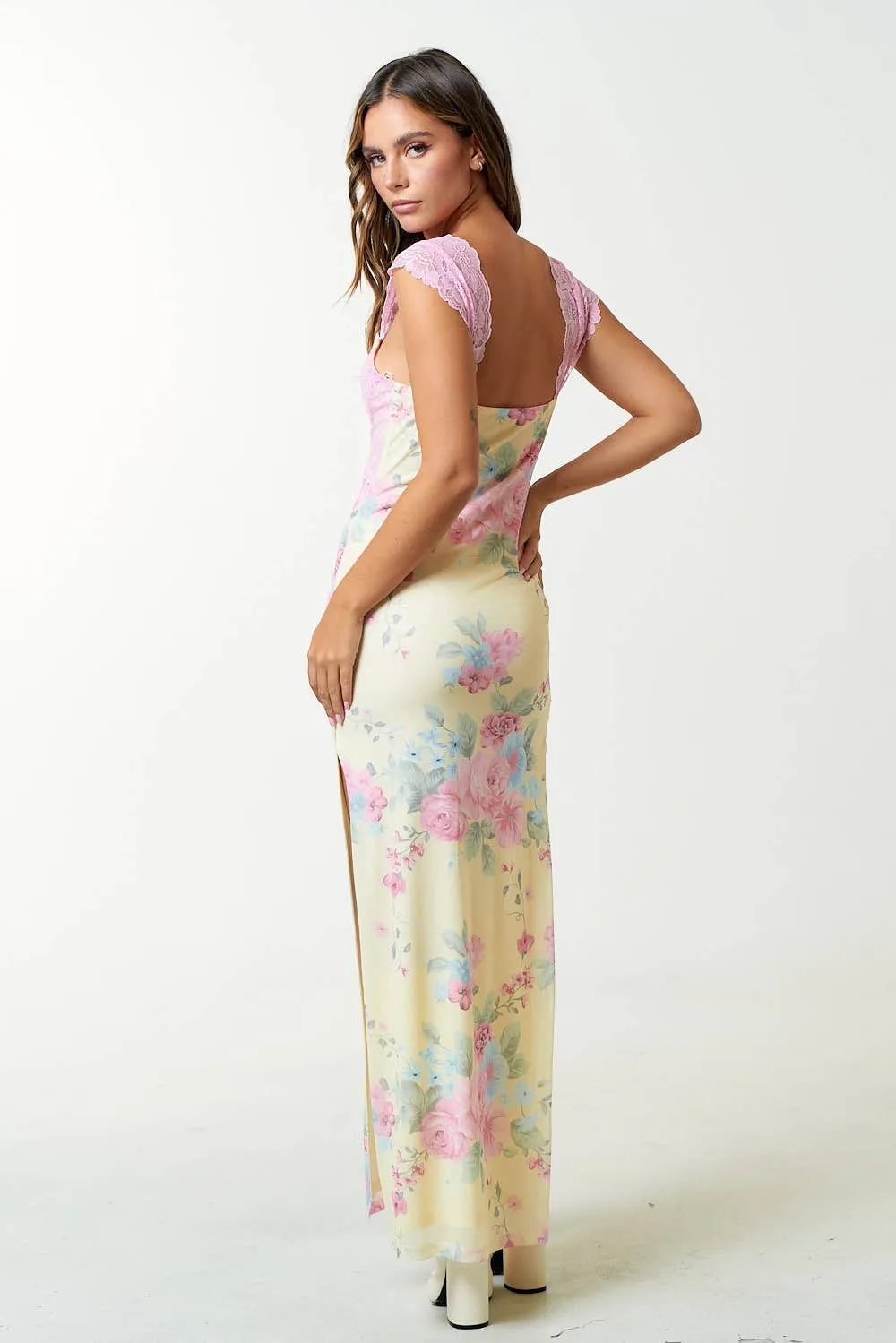 Mesh Floral  Print Lace Detail Side Slit Maxi Dress