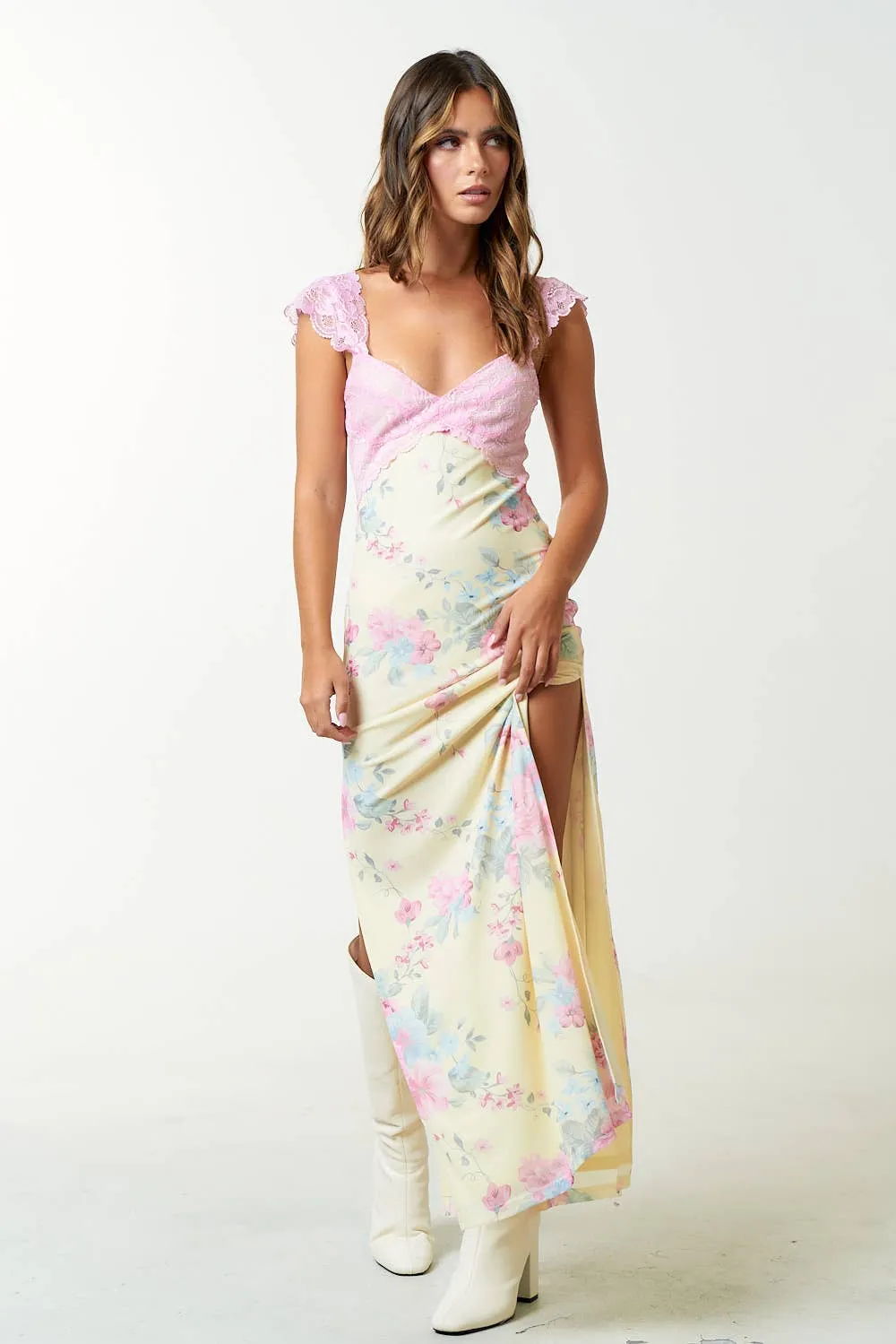 Mesh Floral  Print Lace Detail Side Slit Maxi Dress