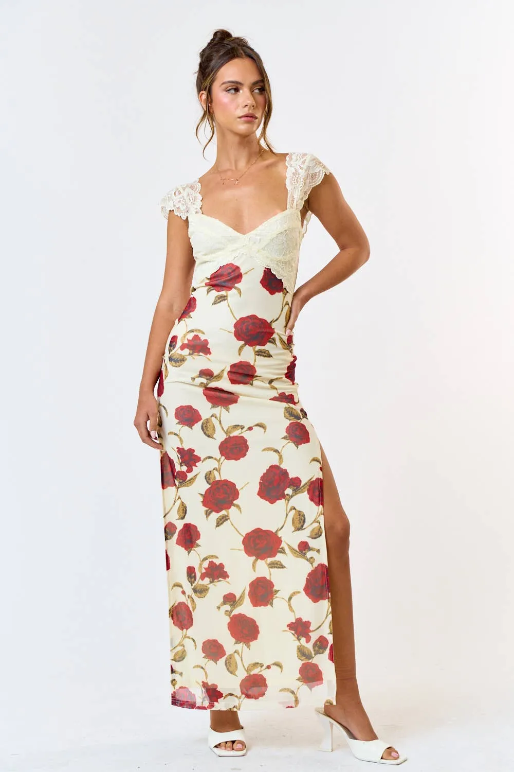 Mesh Floral  Print Lace Detail Side Slit Maxi Dress