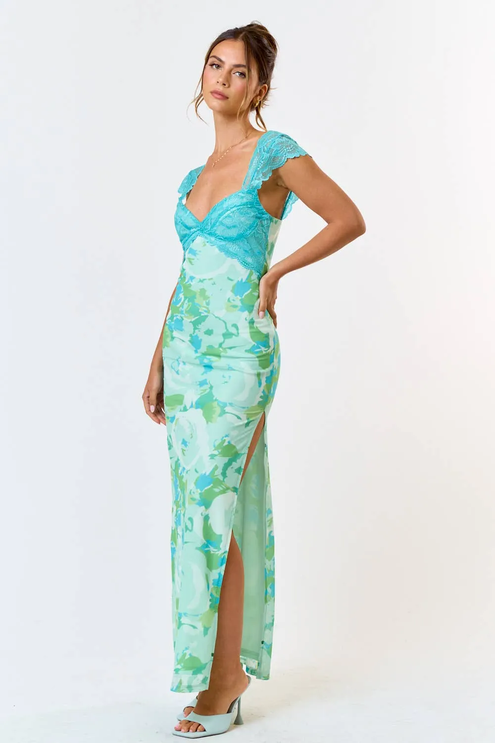 Mesh Floral  Print Lace Detail Side Slit Maxi Dress