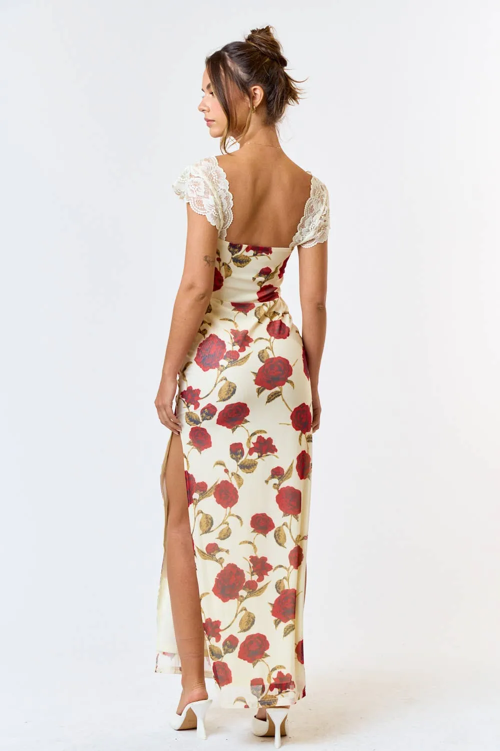 Mesh Floral  Print Lace Detail Side Slit Maxi Dress