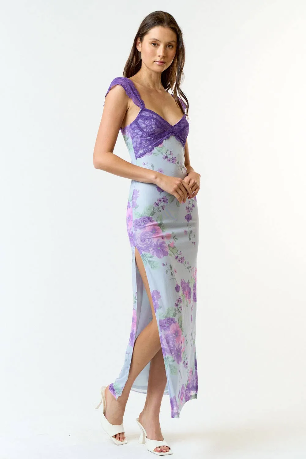 Mesh Floral  Print Lace Detail Side Slit Maxi Dress