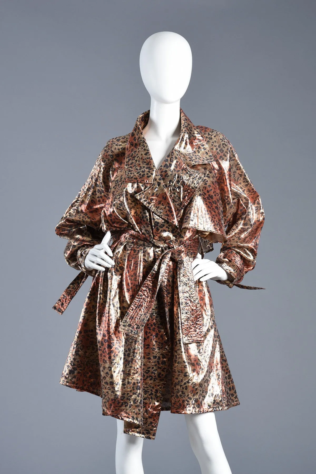 Metallic Lamé Avant Garde Leopard Print Trench Coat Dress