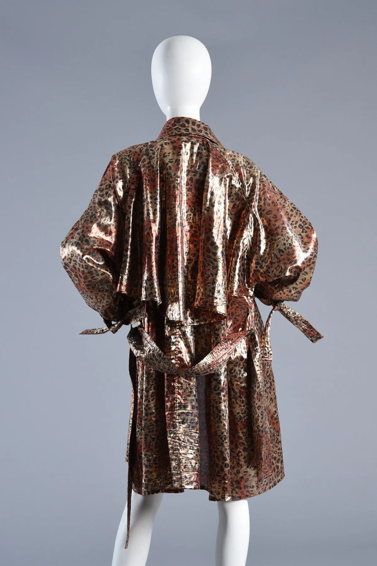 Metallic Lamé Avant Garde Leopard Print Trench Coat Dress