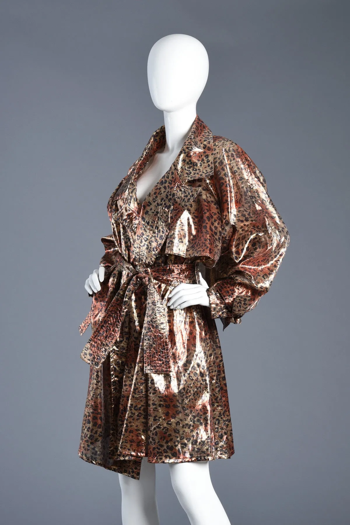 Metallic Lamé Avant Garde Leopard Print Trench Coat Dress