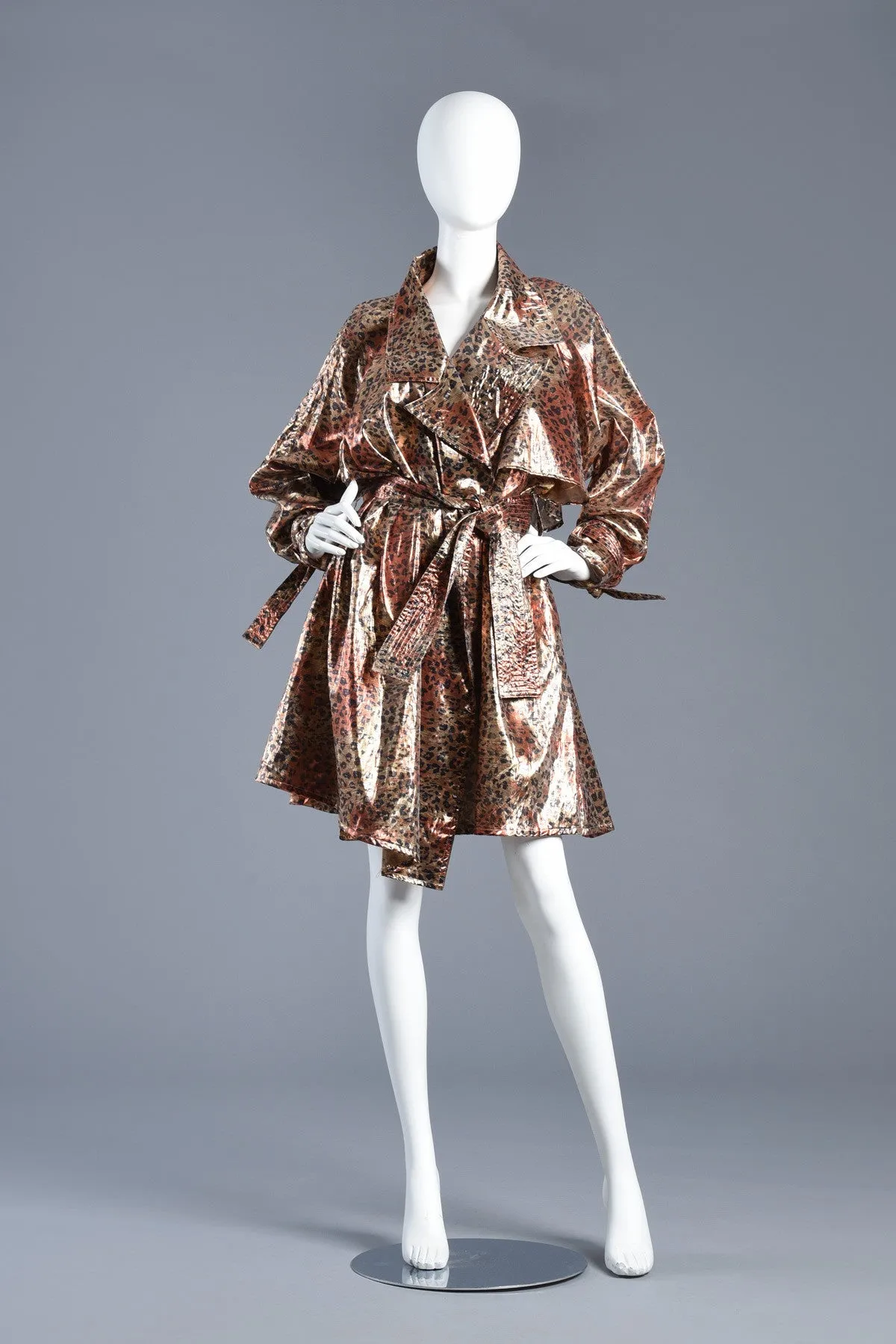Metallic Lamé Avant Garde Leopard Print Trench Coat Dress
