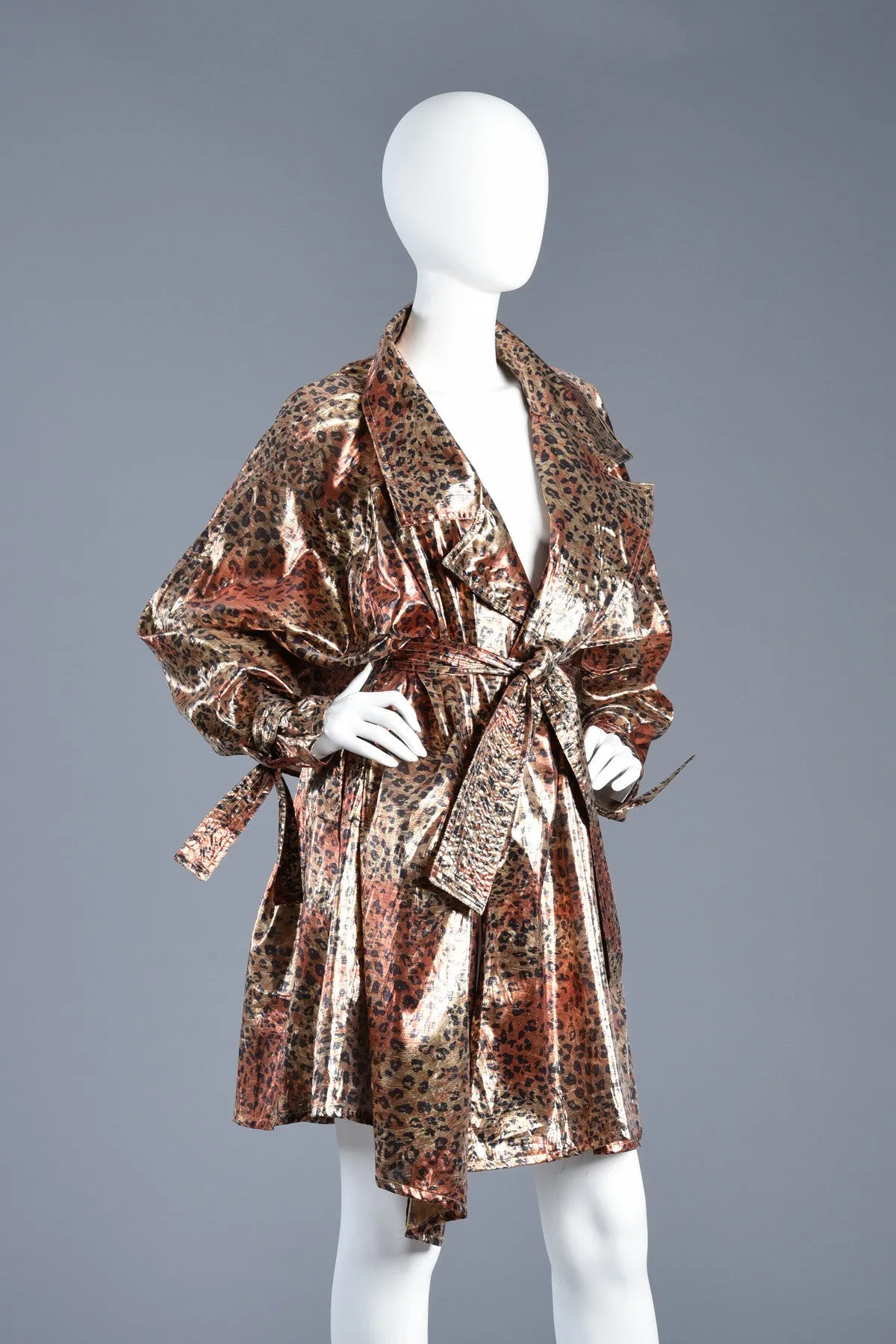 Metallic Lamé Avant Garde Leopard Print Trench Coat Dress