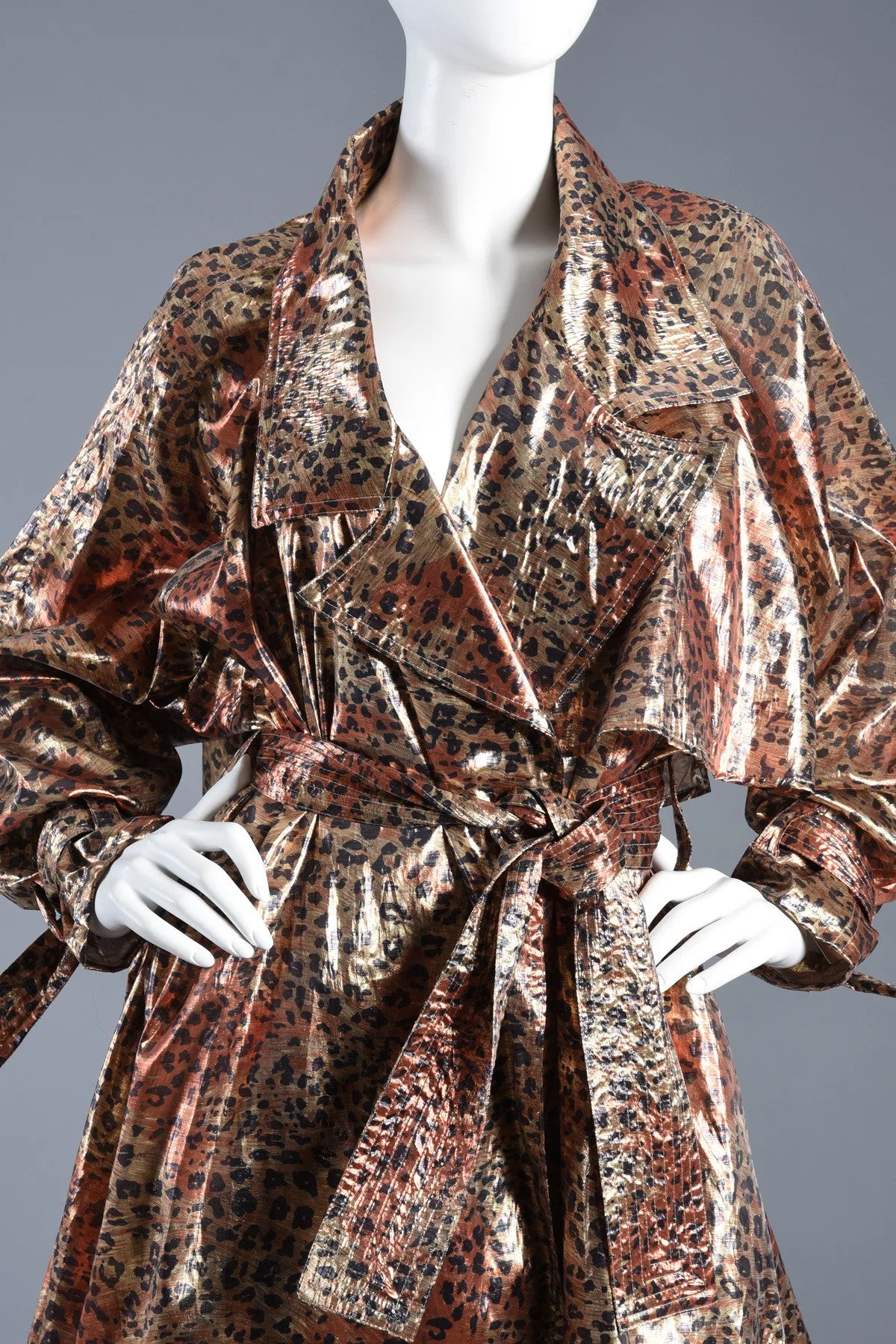 Metallic Lamé Avant Garde Leopard Print Trench Coat Dress