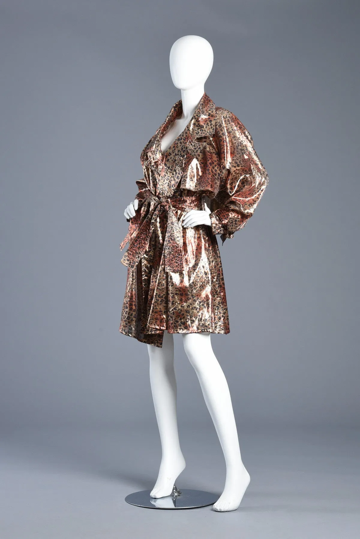 Metallic Lamé Avant Garde Leopard Print Trench Coat Dress