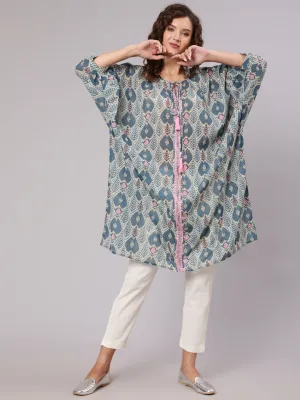 Multi Color Mirror Work Embroidered Georgette Kaftan With Tassels And Slip, Cotton White Regular Fit Trousers