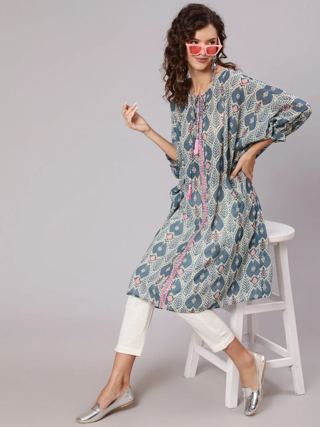 Multi Color Mirror Work Embroidered Georgette Kaftan With Tassels And Slip, Cotton White Regular Fit Trousers