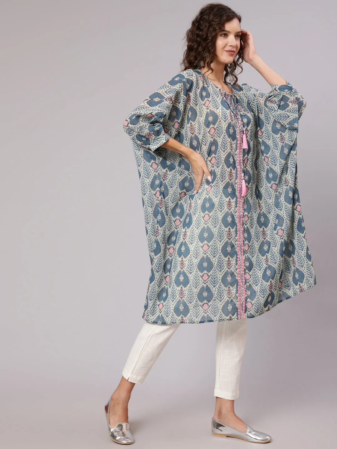 Multi Color Mirror Work Embroidered Georgette Kaftan With Tassels And Slip, Cotton White Regular Fit Trousers
