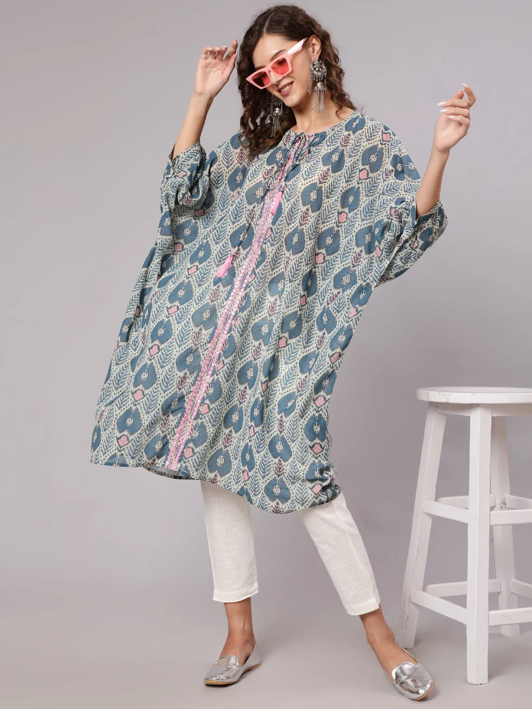 Multi Color Mirror Work Embroidered Georgette Kaftan With Tassels And Slip, Cotton White Regular Fit Trousers