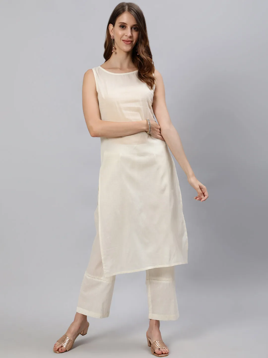 Multi Color Mirror Work Embroidered Georgette Kaftan With Tassels And Slip, Cotton White Regular Fit Trousers