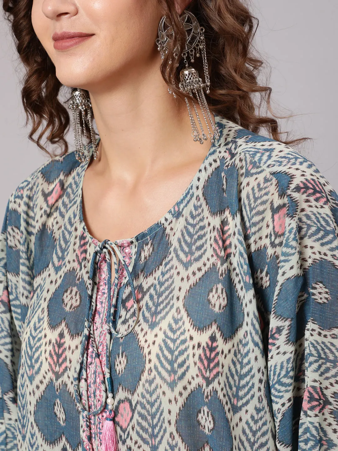 Multi Color Mirror Work Embroidered Georgette Kaftan With Tassels And Slip, Cotton White Regular Fit Trousers