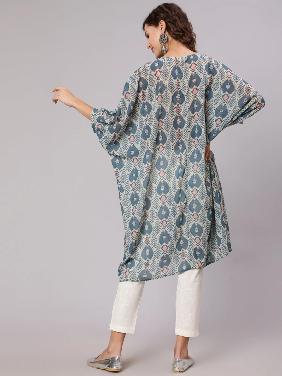 Multi Color Mirror Work Embroidered Georgette Kaftan With Tassels And Slip, Cotton White Regular Fit Trousers
