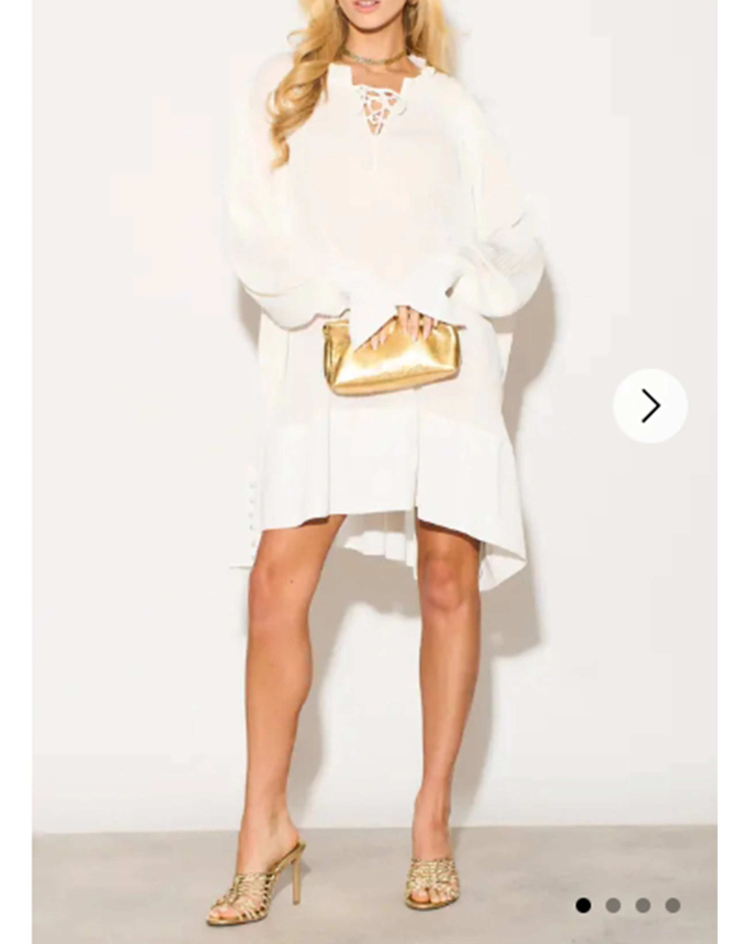 Oversized Silky Chiffon pleated shirt dress with Frilled detail hem in white