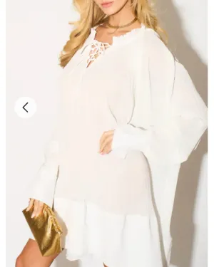 Oversized Silky Chiffon pleated shirt dress with Frilled detail hem in white