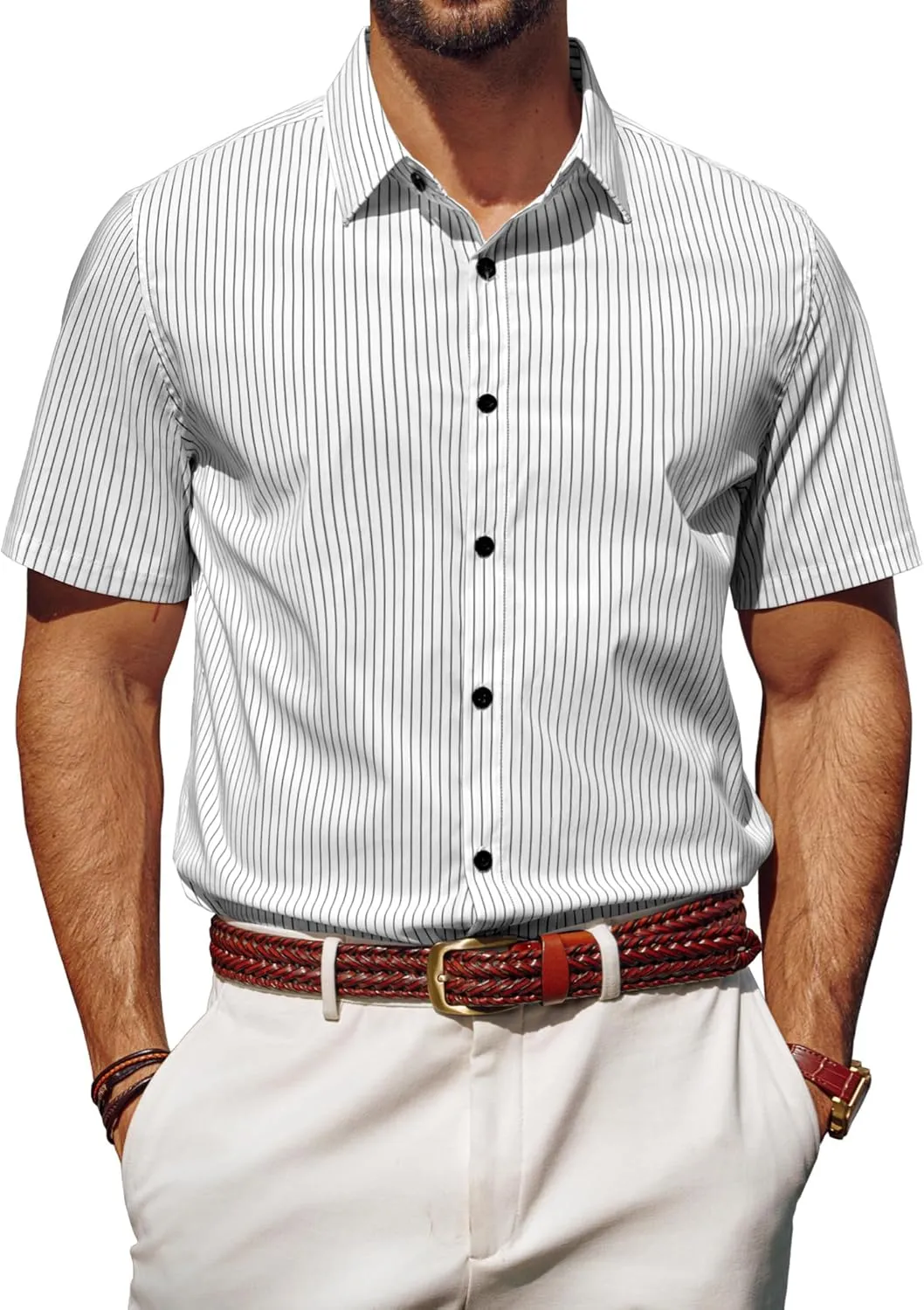 PJ PAUL JONES Mens Regular Fit Striped Dress Shirt Short Sleeve Button Down Shirts