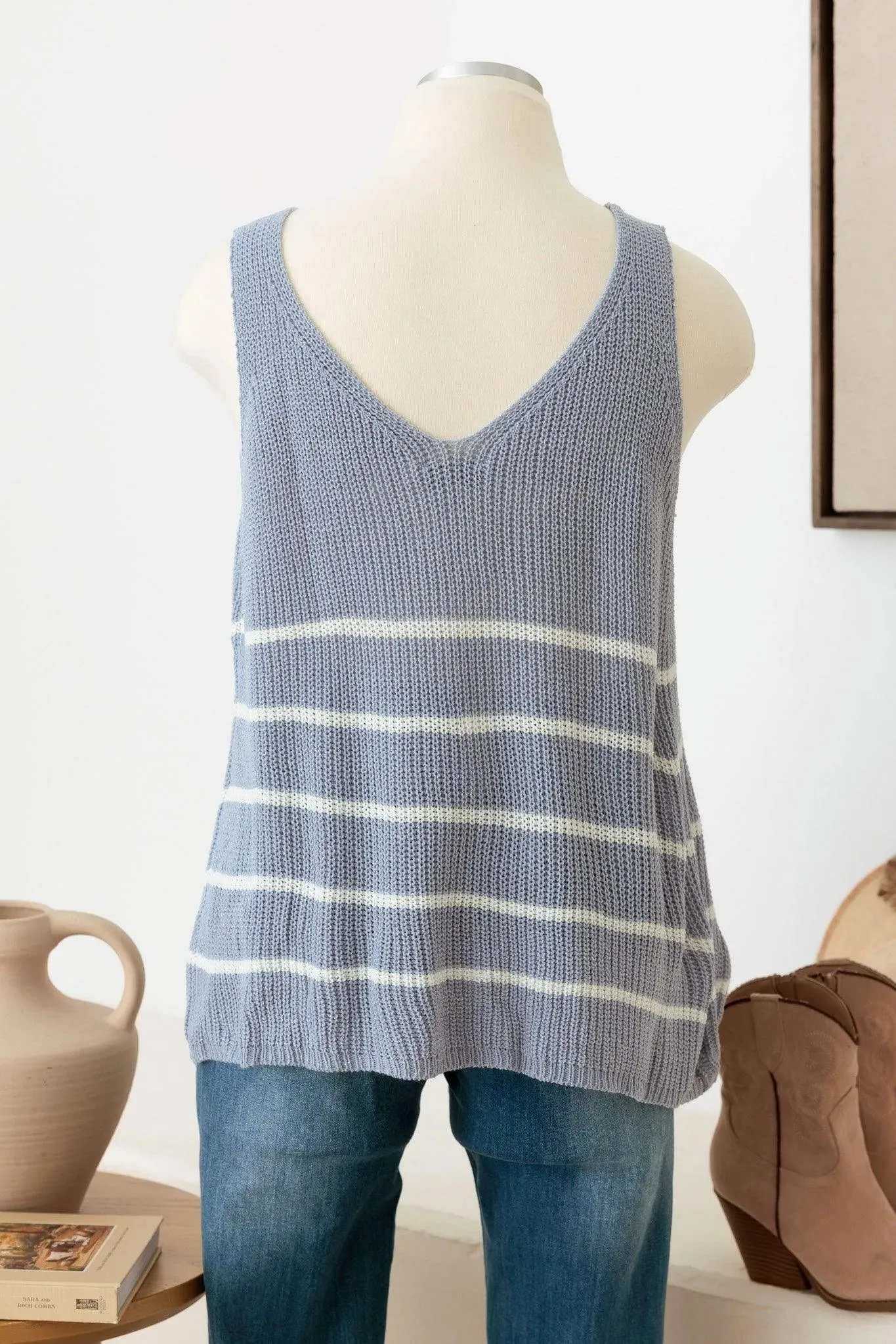 Plus Size Sleeveless V-Neck Striped Sweater Top