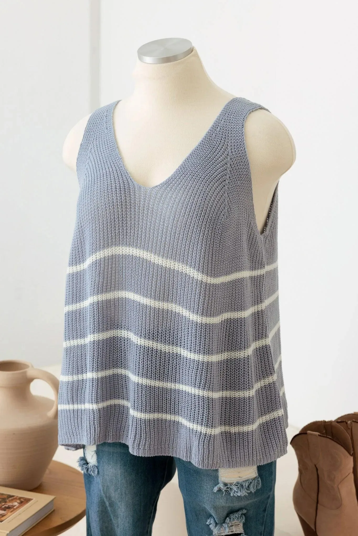 Plus Size Sleeveless V-Neck Striped Sweater Top