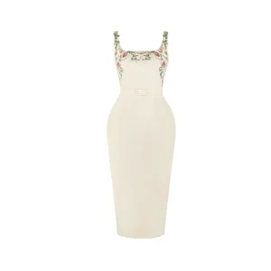 Pre Order:  Heavy Embroidery Strap Hip Hugging Dress
