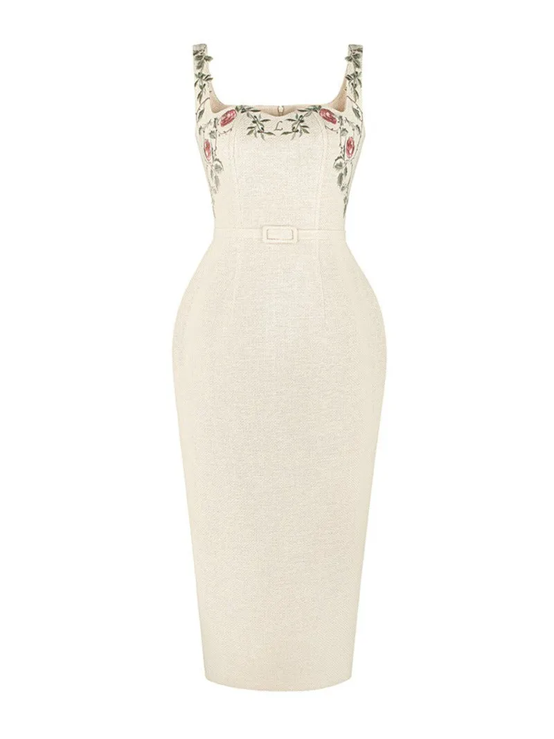 Pre Order:  Heavy Embroidery Strap Hip Hugging Dress