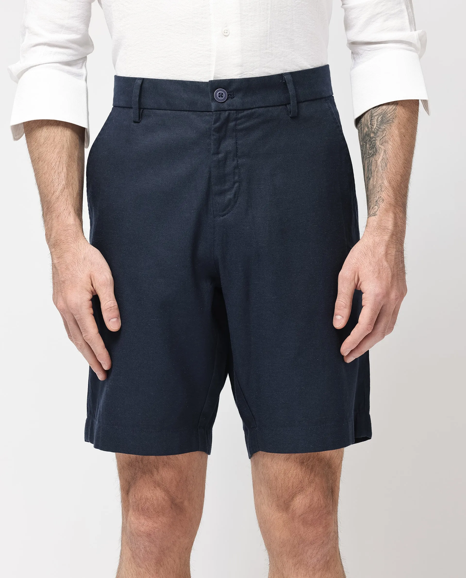 Rare Rabbit Men's Edam Navy Lyocell Cotton Linen Fabric Knee Length Relaxed Fit Solid Shorts