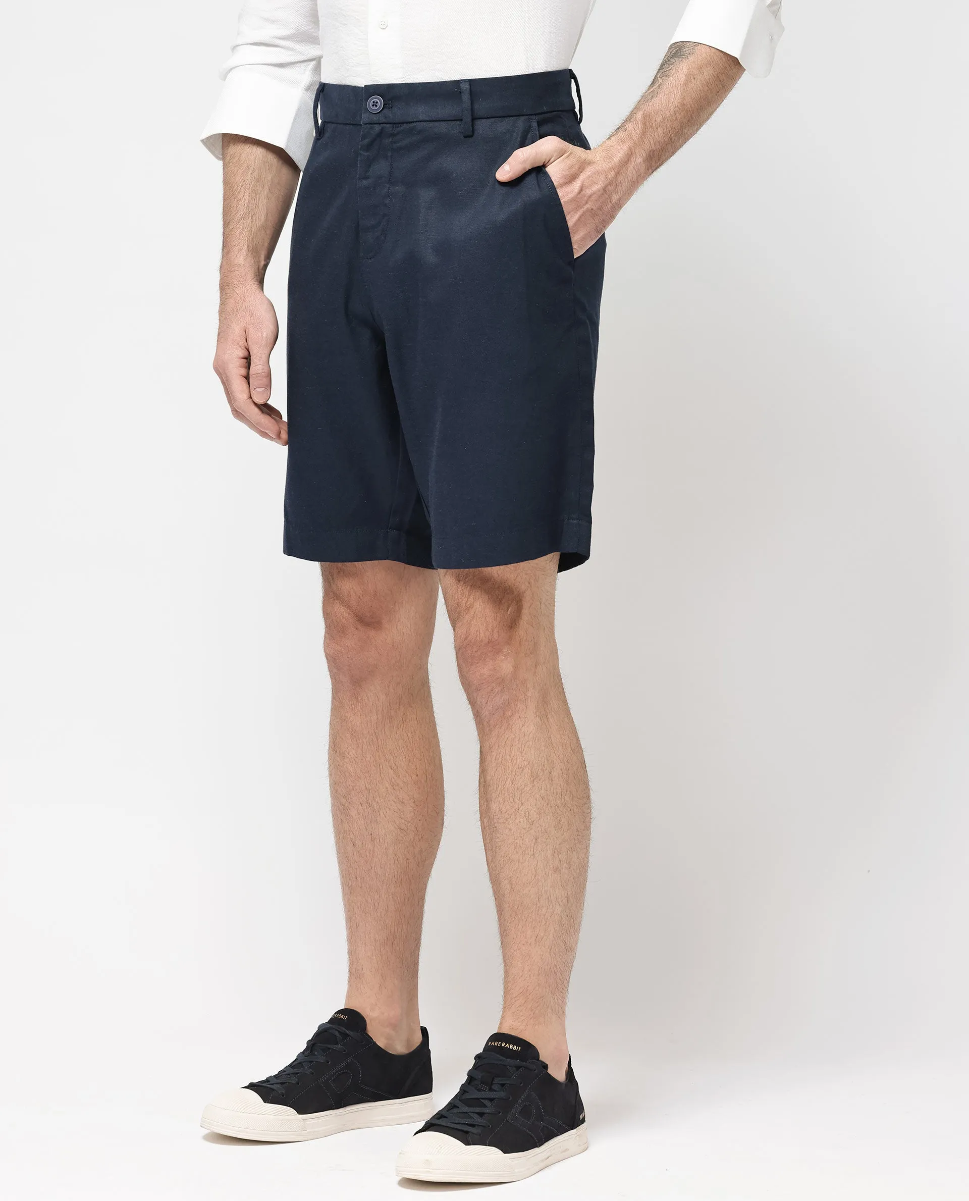 Rare Rabbit Men's Edam Navy Lyocell Cotton Linen Fabric Knee Length Relaxed Fit Solid Shorts
