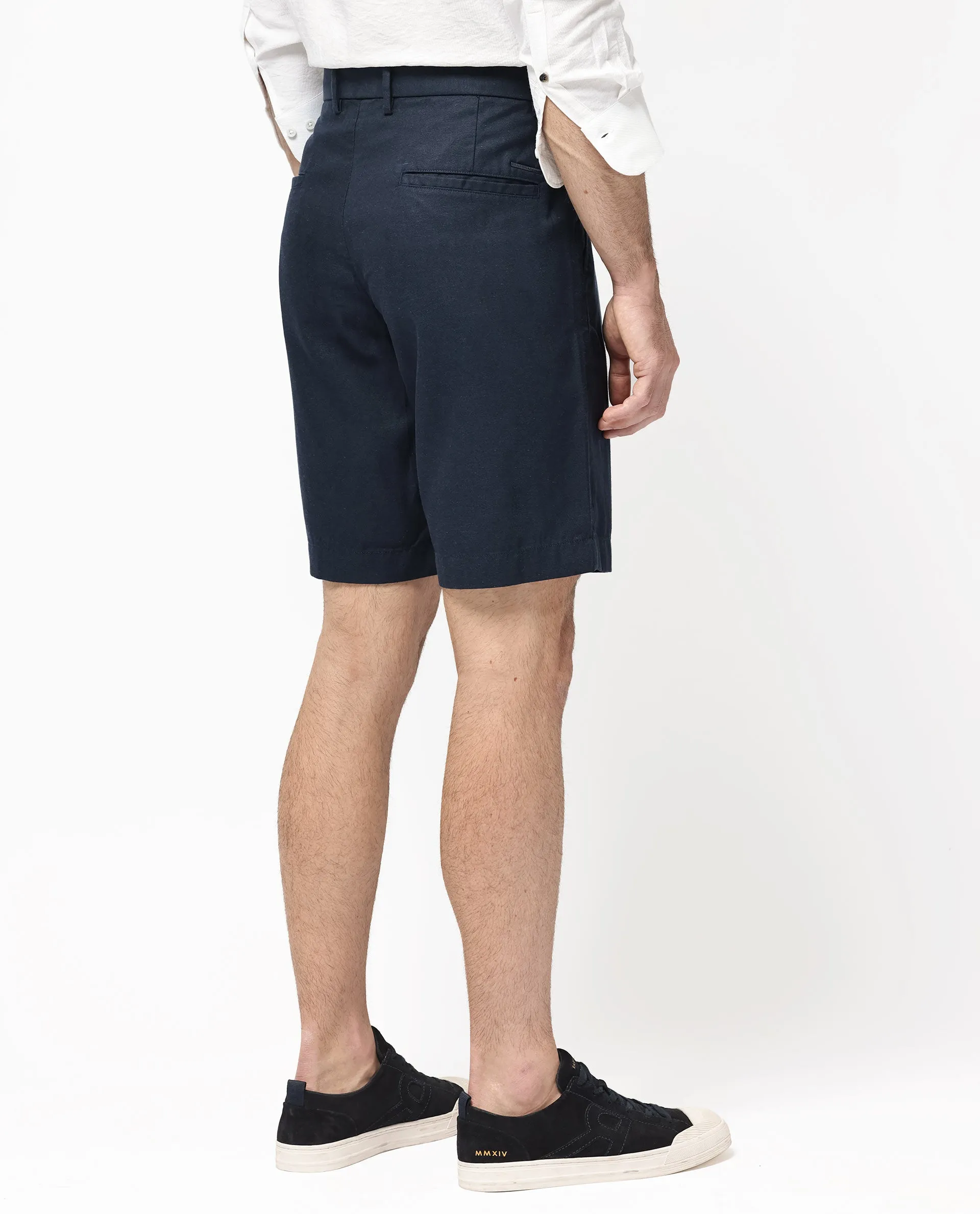 Rare Rabbit Men's Edam Navy Lyocell Cotton Linen Fabric Knee Length Relaxed Fit Solid Shorts