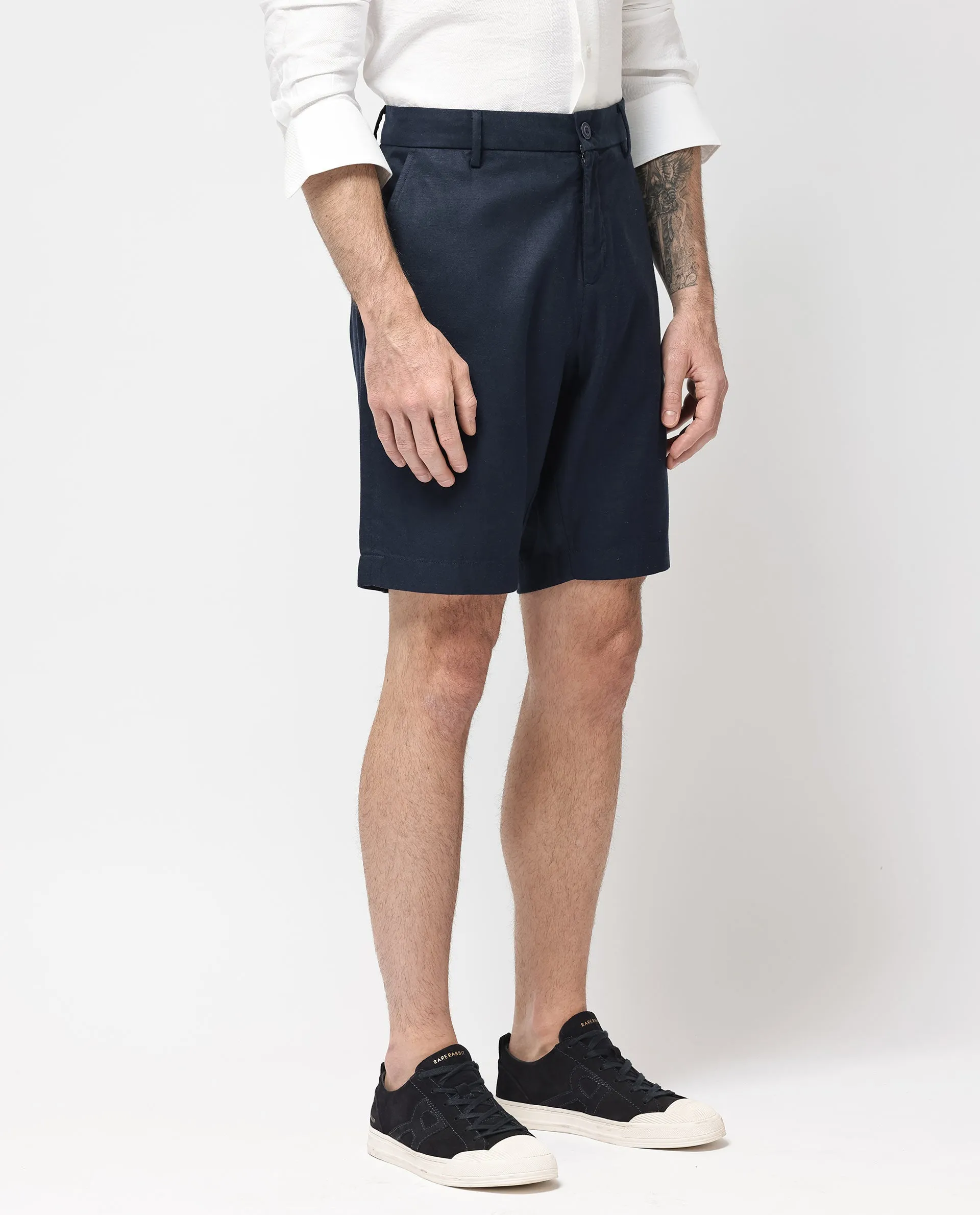 Rare Rabbit Men's Edam Navy Lyocell Cotton Linen Fabric Knee Length Relaxed Fit Solid Shorts