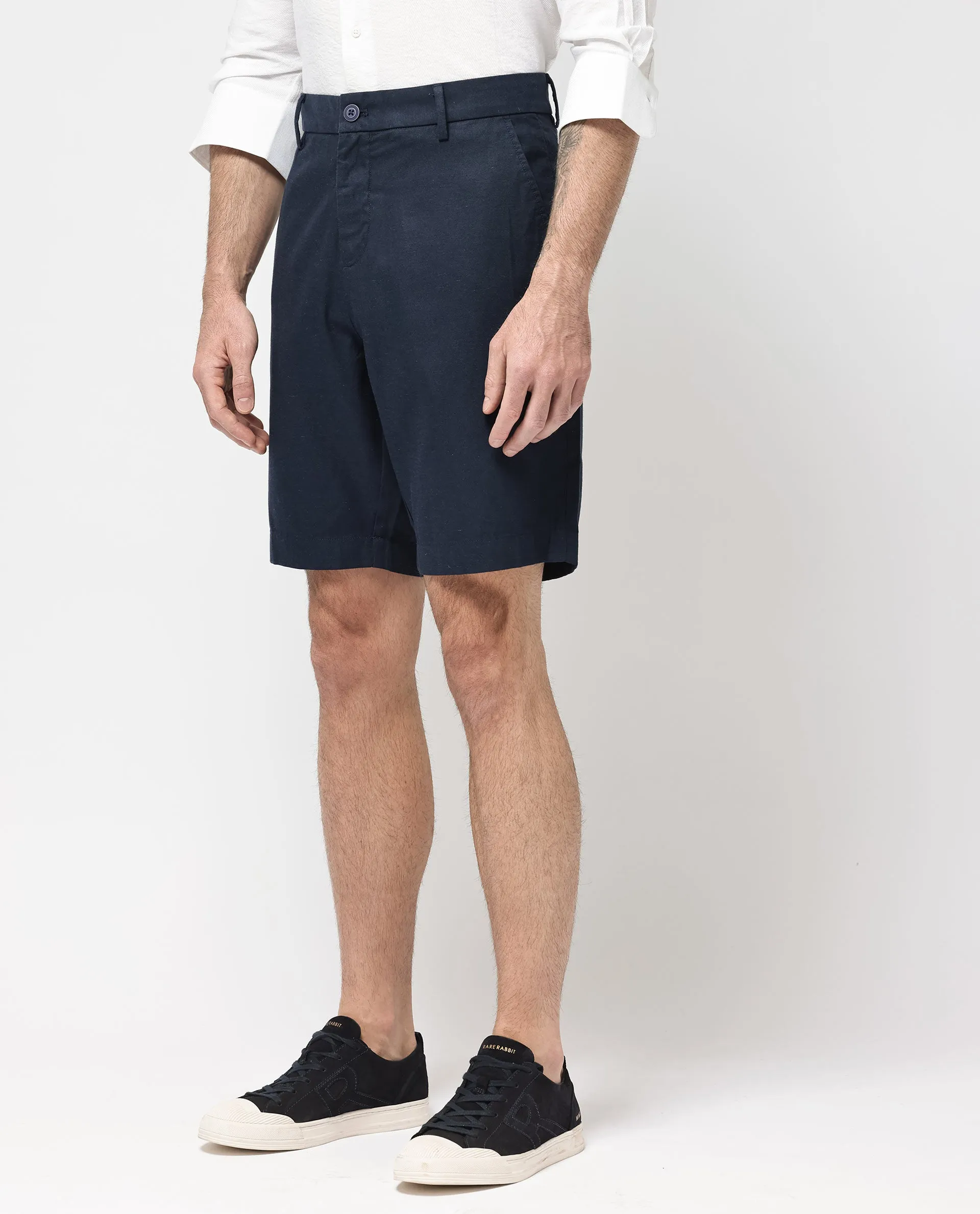 Rare Rabbit Men's Edam Navy Lyocell Cotton Linen Fabric Knee Length Relaxed Fit Solid Shorts