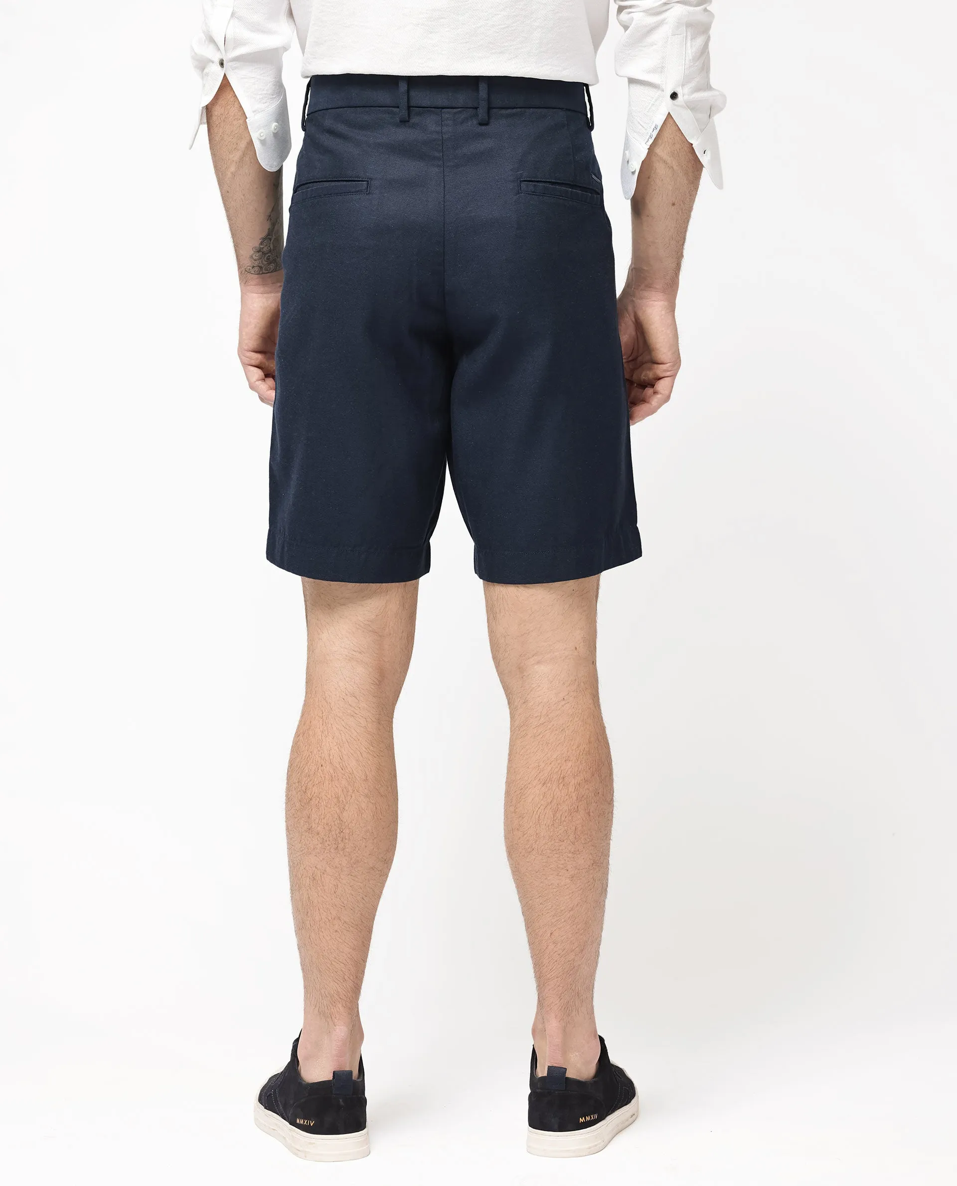 Rare Rabbit Men's Edam Navy Lyocell Cotton Linen Fabric Knee Length Relaxed Fit Solid Shorts
