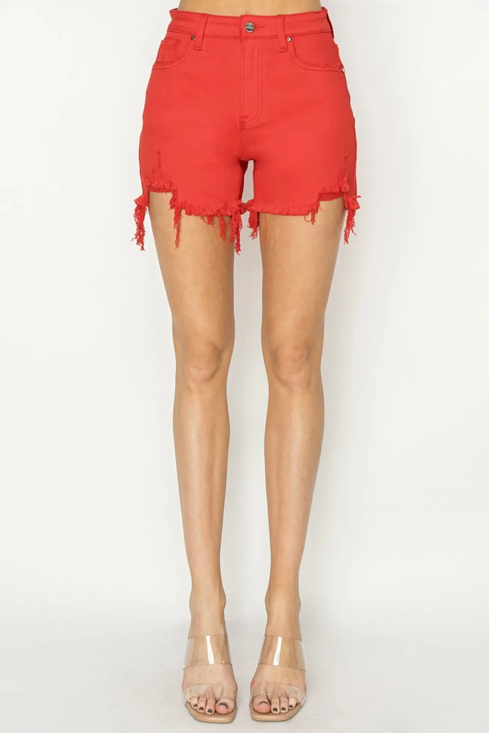 Red High Rise Distressed Denim Shorts