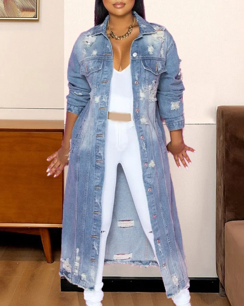 Ripped Long-sleeved Denim Trench Coat