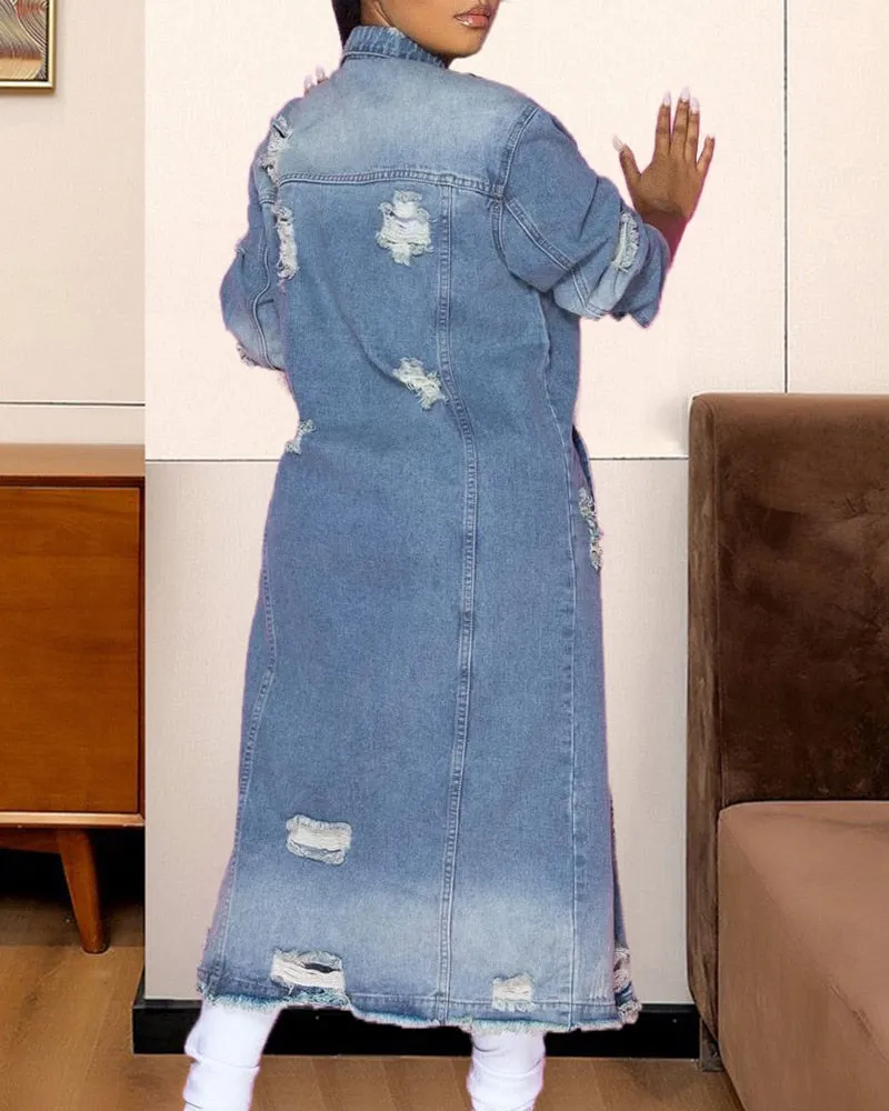 Ripped Long-sleeved Denim Trench Coat