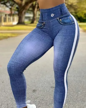 Sajira Denim Look Print High Waist Tummy Control Butt Lift Leggings (Sporty)
