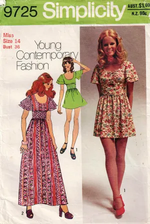 Simplicity 9725 Womens Flutter Sleeved Midriff Panel Mini or Maxi Dress 1970s Vintage Sewing Pattern Size 14 Bust 36 inches