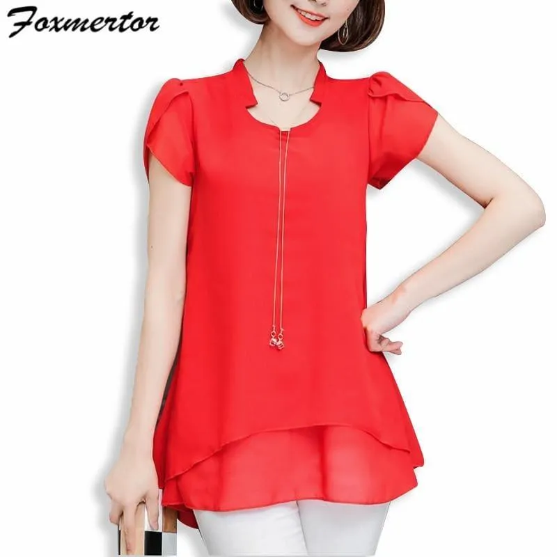 Summer Women Chiffon  V-Neck Blouse Short Sleeve Top