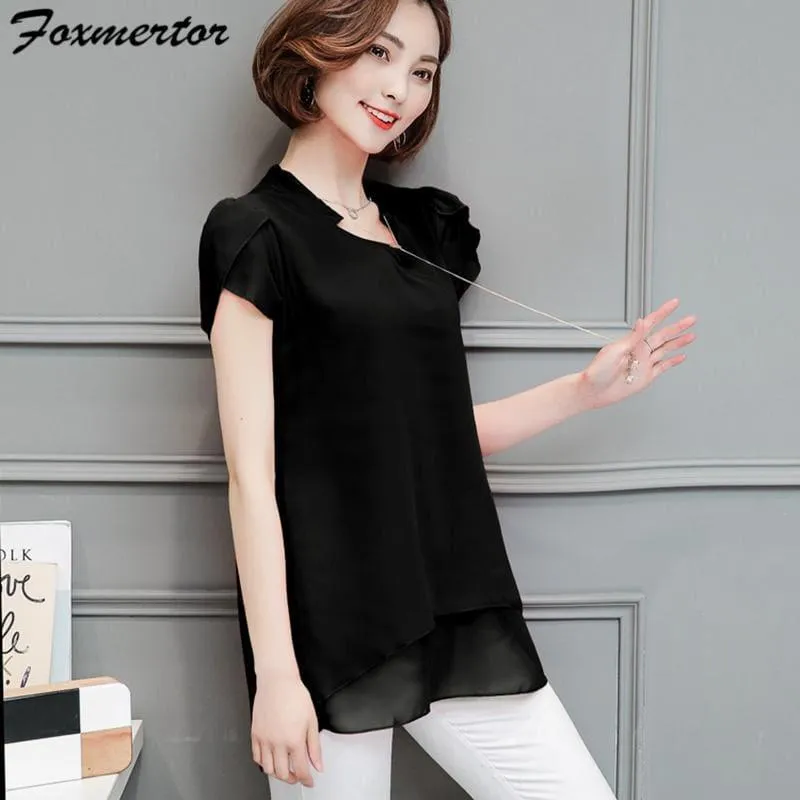 Summer Women Chiffon  V-Neck Blouse Short Sleeve Top