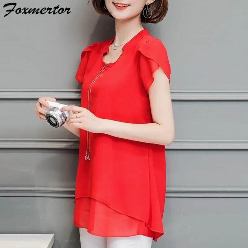Summer Women Chiffon  V-Neck Blouse Short Sleeve Top