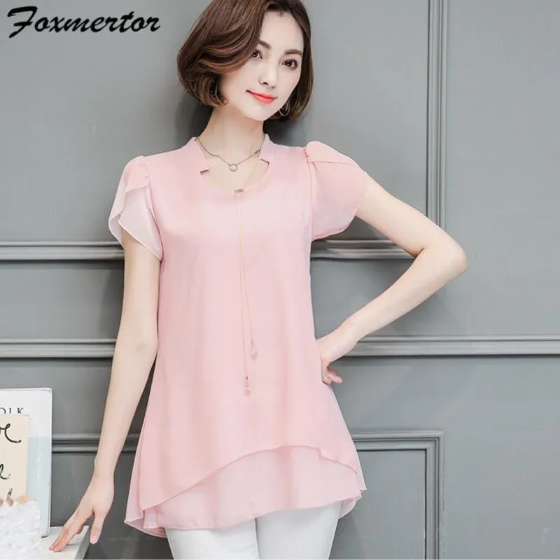 Summer Women Chiffon  V-Neck Blouse Short Sleeve Top