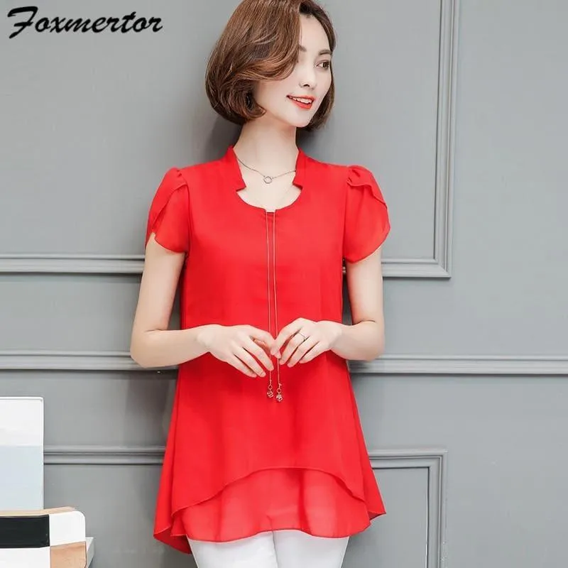 Summer Women Chiffon  V-Neck Blouse Short Sleeve Top