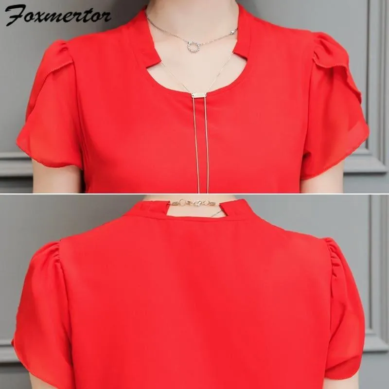 Summer Women Chiffon  V-Neck Blouse Short Sleeve Top