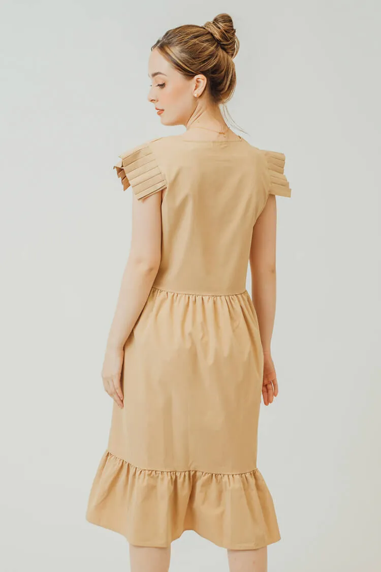 Tiffany Pleated Ruffle Hem Dress (Beige)